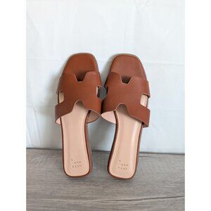 A New Day Women's Sandals Cognac Faux Leather Nina Slip On Slides Size 10